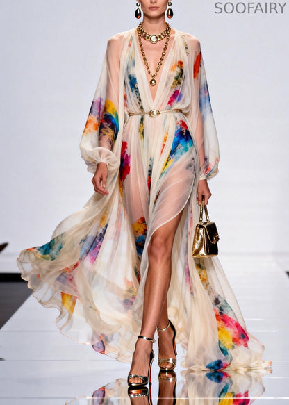 Style V Neck Print Side Open Chiffon Maxi Dress Spring