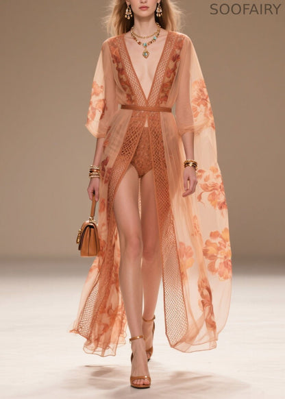 Style Orange V Neck Print Chiffon Sun Protection Cardigans Summer