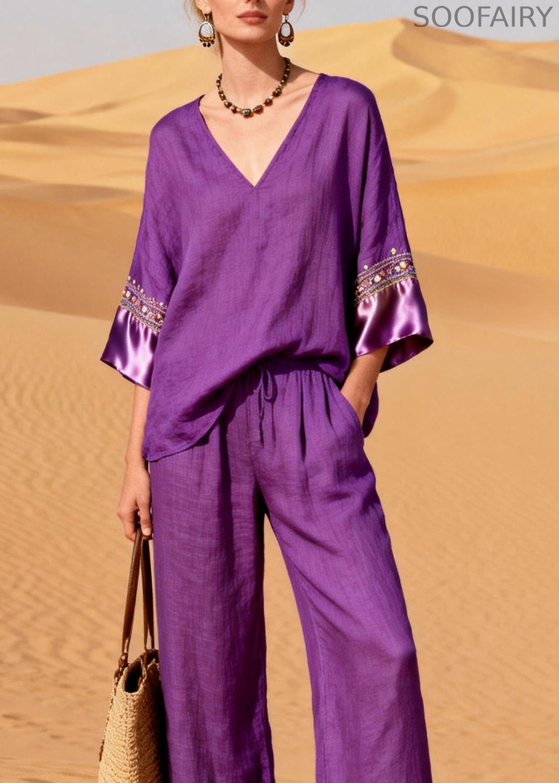 New Purple V Neck Silk Patchwork Linen Two Piece Suit Set Summer