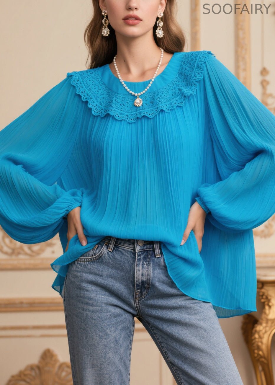 Blue Oversized Patchwork Lace Chiffon Pleated Blouses Spring
