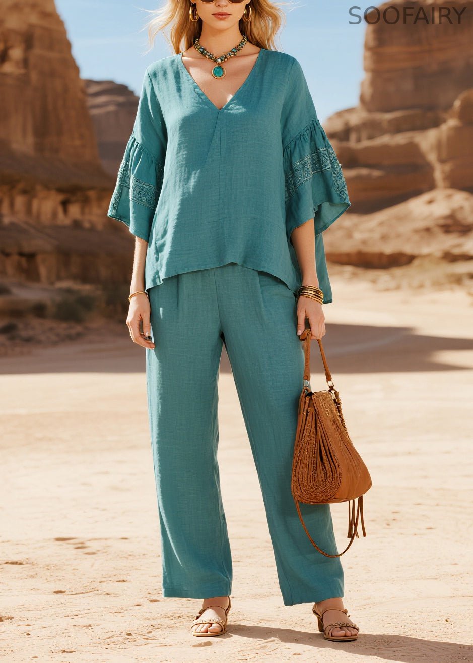 Fine Sea Blue V Neck Oversized Cotton Two Pieces Set Flare Sleeve