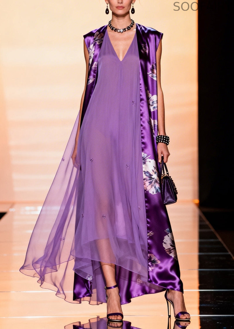 Natural Purple Oversized Patchwork Chiffon Dresses Sleeveless