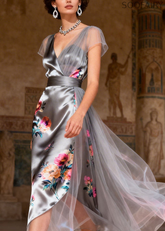 Grey V Neck Print Tulle Patchwork Silk Dress Summer