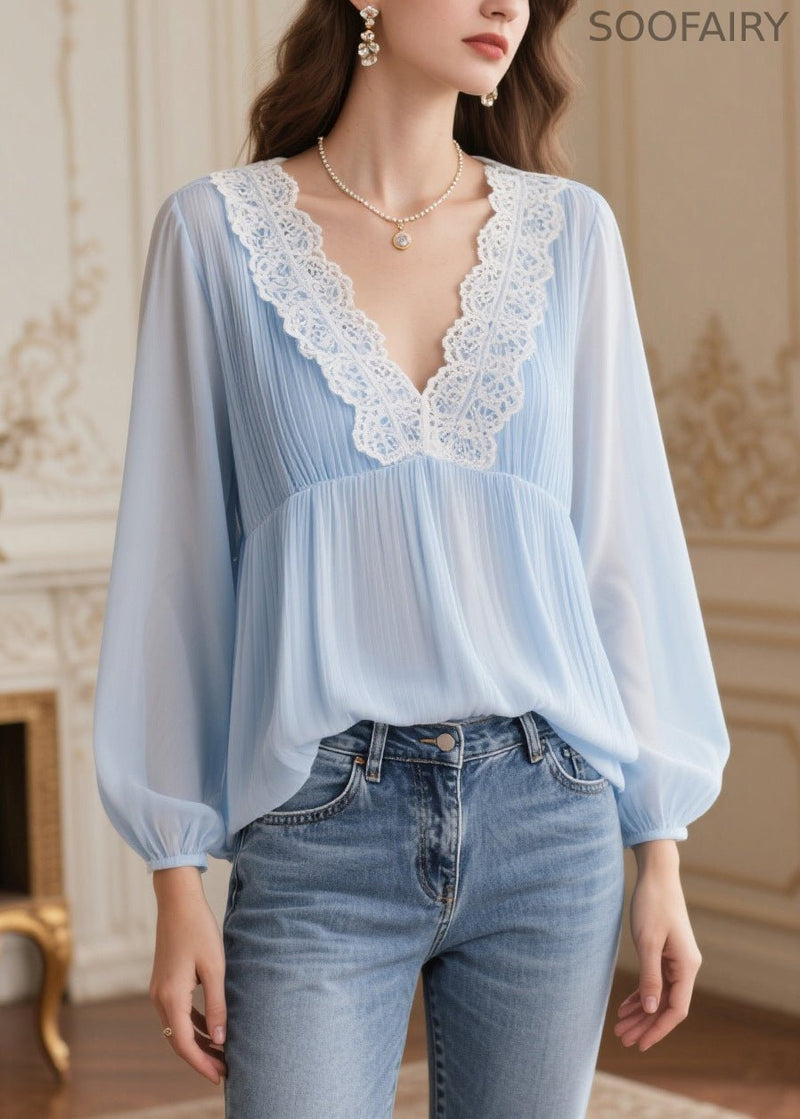 Italian Sky Blue V Neck Patchwork Lace Chiffon Shirt Spring
