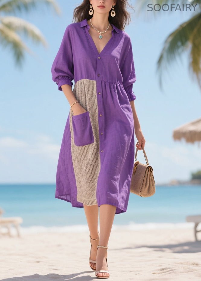 Purple Asymmetrical Patchwork Cotton Dresses Summer