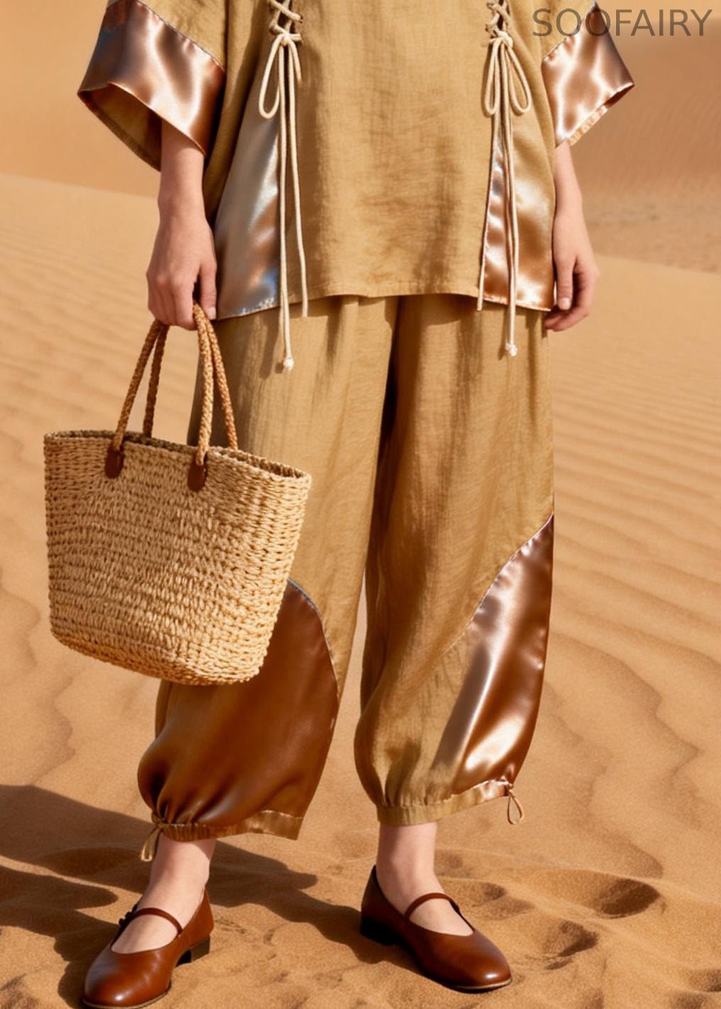 Khaki O Neck Drawstring Patchwork Shirt and Crop Pants Silk Linen Two Pieces Set