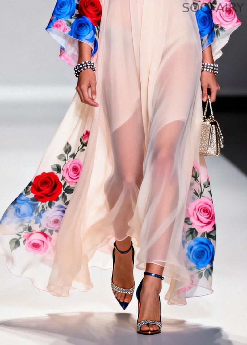 White Oversized Print Chiffon Maxi Dresses Summer