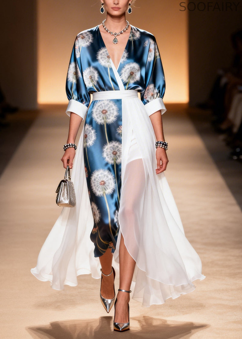 Organic Navy Asymmetrical Patchwork Chiffon Dresses Summer