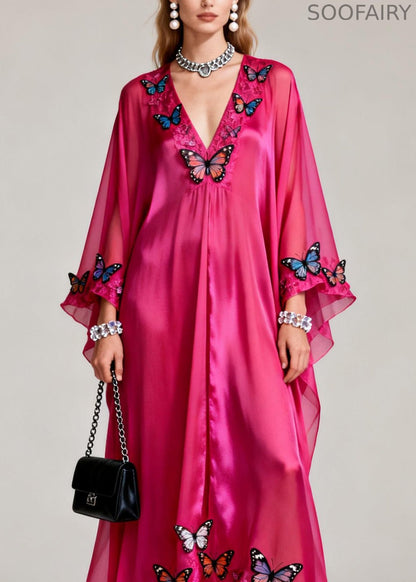 Rose V Neck Butterfly Silk Maxi Dresses Spring