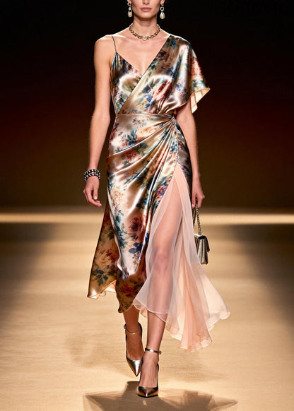 Beige Asymmetrical Patchwork Chiffon Ankle Dress Summer