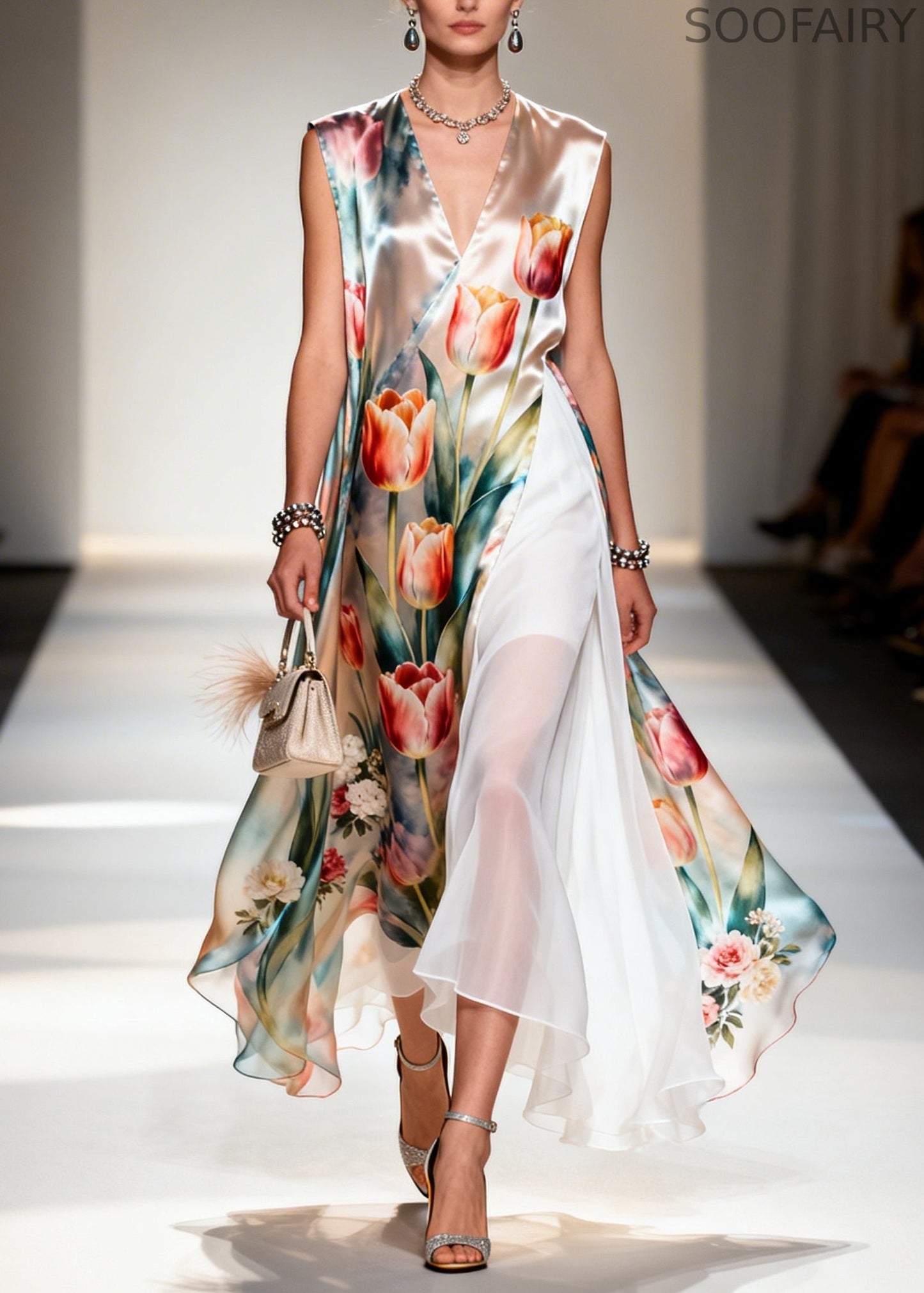 Flower Print Patchwork Chiffon Maxi Dresses Sleeveless