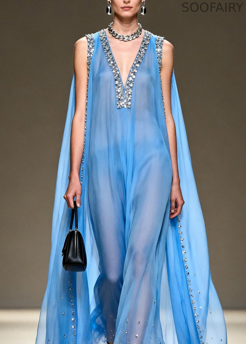 New Blue V Neck Zircon Patchwork Chiffon Maxi Dresses Summer