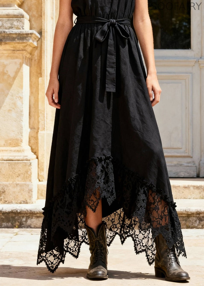French Black Cold Shoulder Tie Waist Maxi Dress Sleeveless