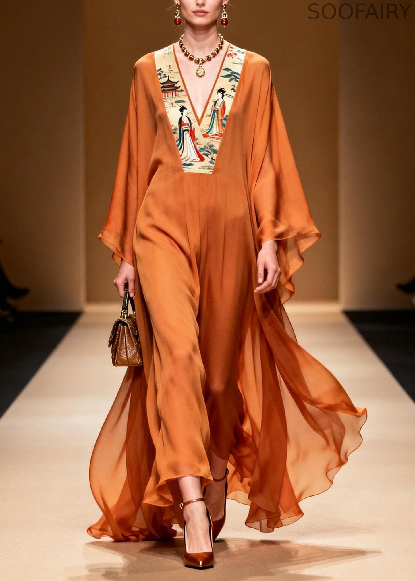 New Orange V Neck Print Patchwork Chiffon Long Dress Spring