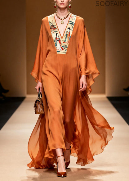 New Orange V Neck Print Patchwork Chiffon Long Dress Spring