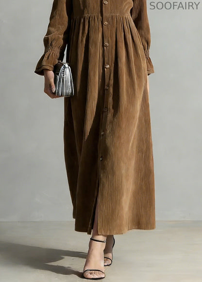 Coffee Button Oversized Corduroy Shirts Dress Peter Pan Collar