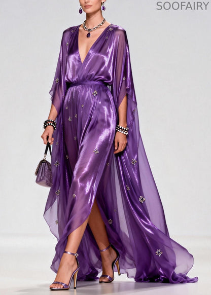 Purple V Neck Zircon Chiffon Long Dress Summer