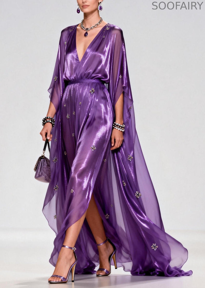 Purple V Neck Zircon Chiffon Long Dress Summer