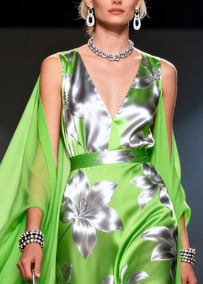 Art Grass Green Print Patchwork Chiffon Robe Dresses Summer