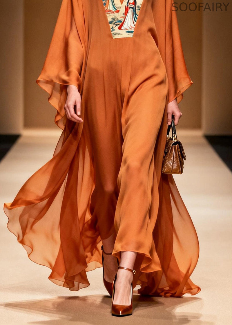 New Orange V Neck Print Patchwork Chiffon Long Dress Spring