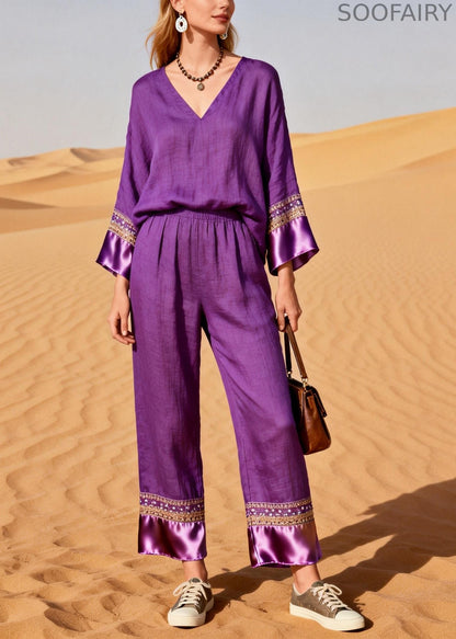 Organic Purple V Neck Patchwork Silk Cotton Two Piece Set Spring