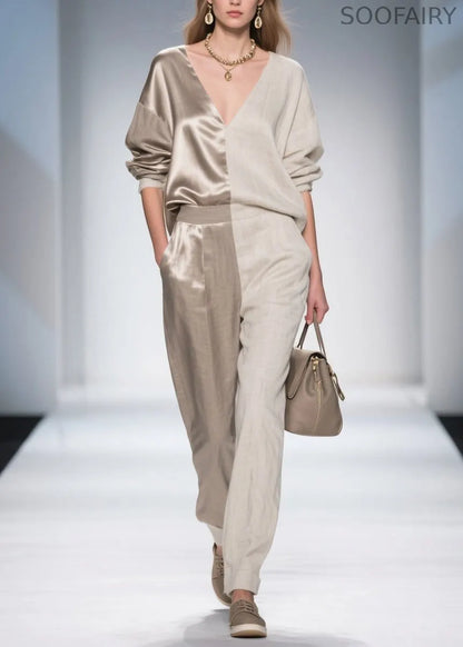 French Colorblock V Neck Patchwork Linen Silk Two Pieces Set Spring