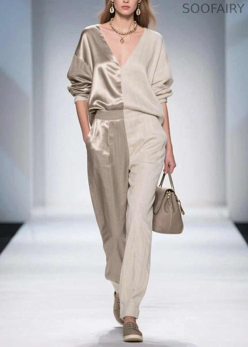 French Colorblock V Neck Patchwork Linen Silk Two Pieces Set Spring