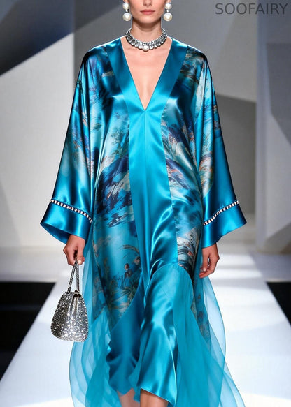 Blue V Neck Print Zircon Silk Long Dress Spring
