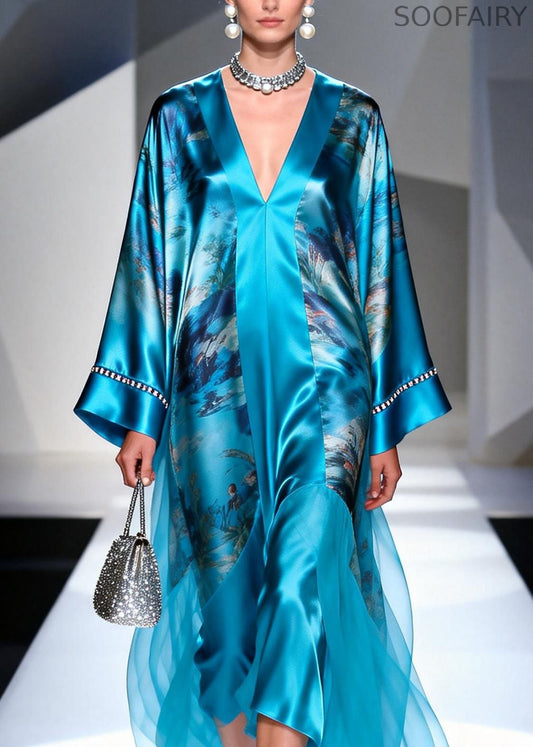 Blue V Neck Print Zircon Silk Long Dress Spring