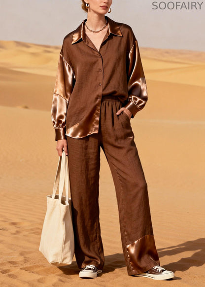 Chocolate Asymmetrical Patchwork Linen Two Piece Suit Set Spring