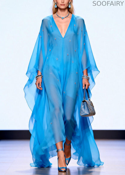 Style Blue Oversized Chiffon Holiday Dress Summer