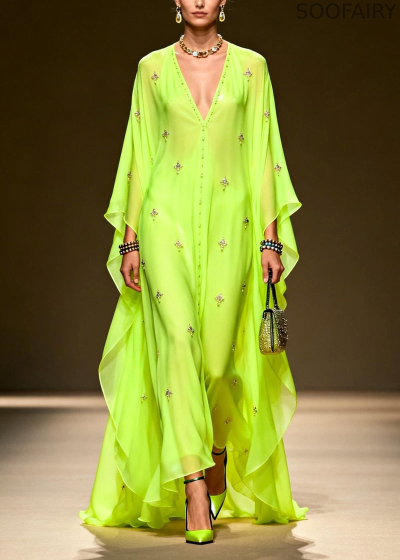 Green V Neck Zircon Chiffon Maxi Dress Spring