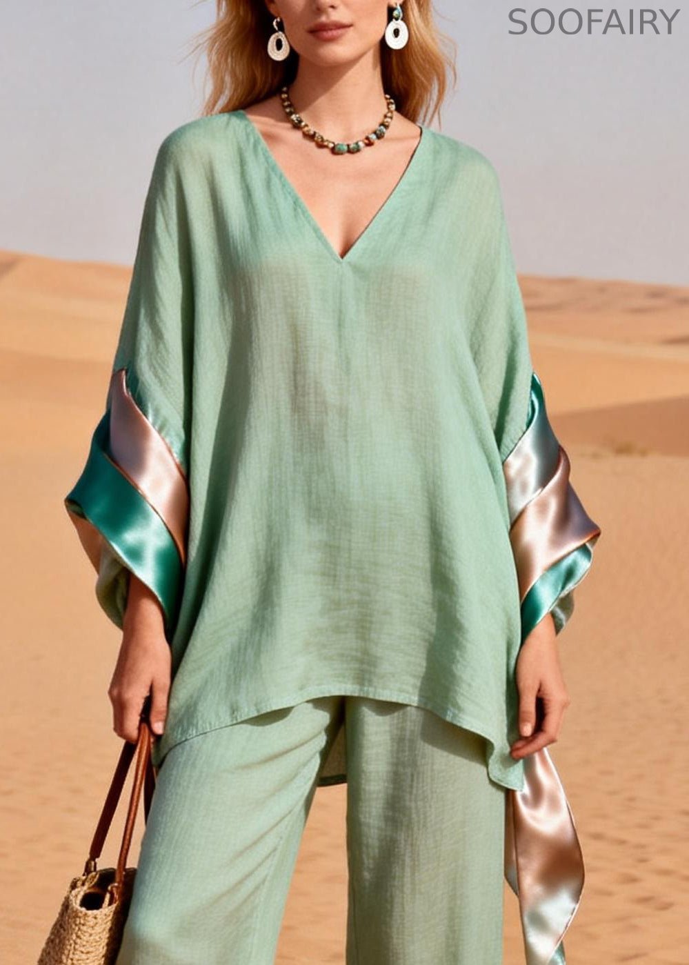 Loose Green V Neck Silk Patchwork Linen Two Piece Set Spring