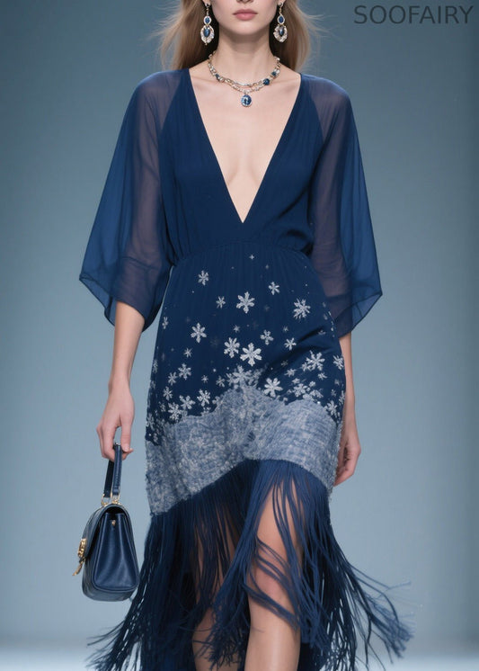 Fine V Neck Print Tassel Chiffon Maxi Dresses Summer