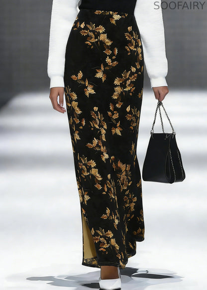 Loose Black Print Side Open Silk Velvet Skirt Spring