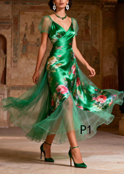 French Green Print Tulle Patchwork Silk Party Dress Summer
