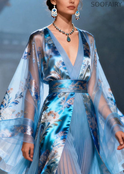 Blue Tunic Patchwork Wrinkled Chiffon Dresses Summer