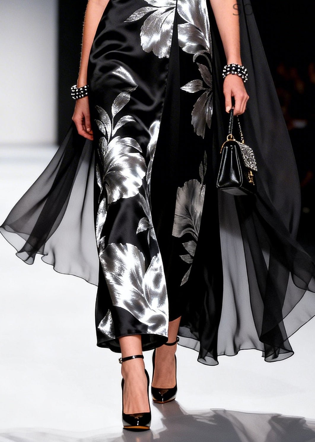 Black Jacquard Patchwork Shawl Silk Party Dress Summer