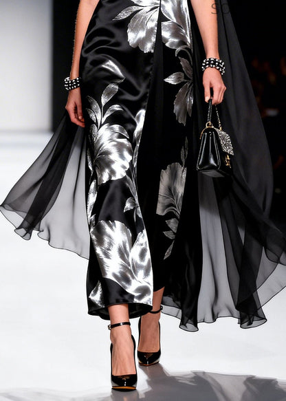 Black Jacquard Patchwork Shawl Silk Party Dress Summer