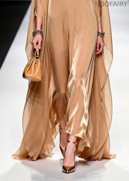 Khaki Draping Chiffon Evening Dress Bow Exra Large Hem Summer