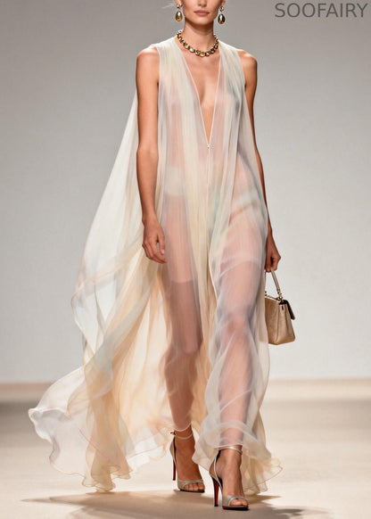 V Neck Chiffon Long Dresses Sleeveless