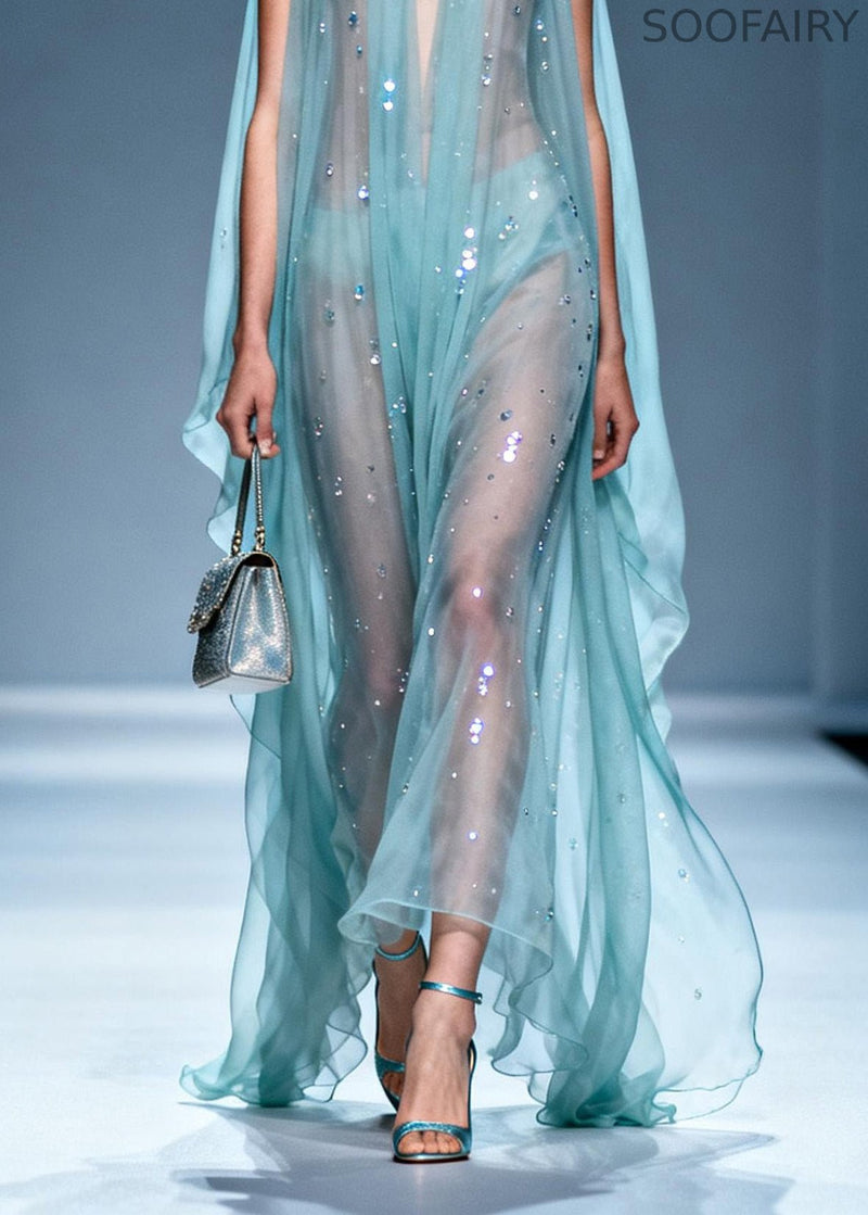 Unique V Neck Zircon Chiffon Long Dresses Summer