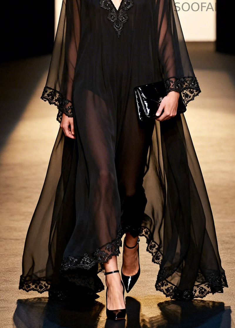 Black V Neck Patchwork Chiffon Holiday Dress Spring