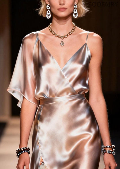 Stylish Champagne Patchwork Side Open Silk Cami Dresses Summer