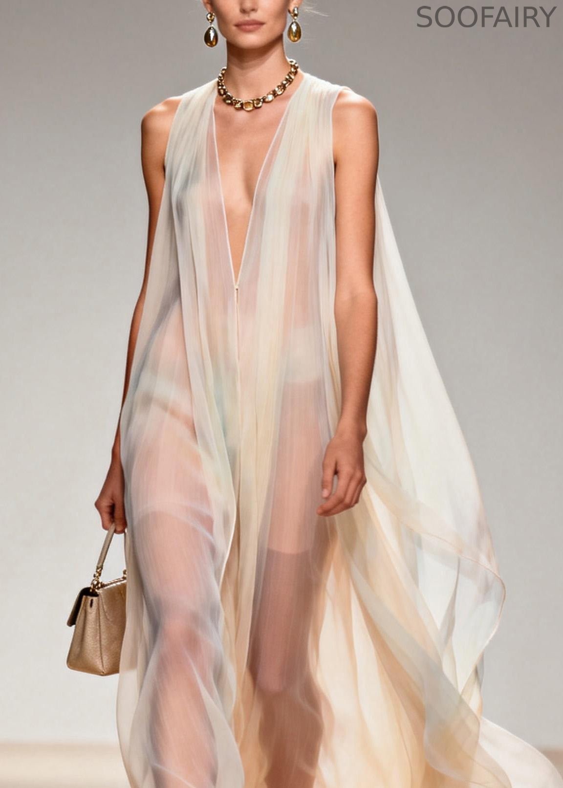 V Neck Chiffon Long Dresses Sleeveless
