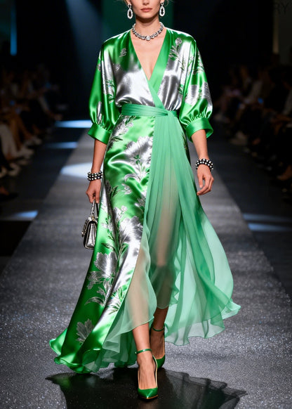 Fine Grass Green Jacquard Patchwork Low High Design Chiffon Maxi Dress Summer