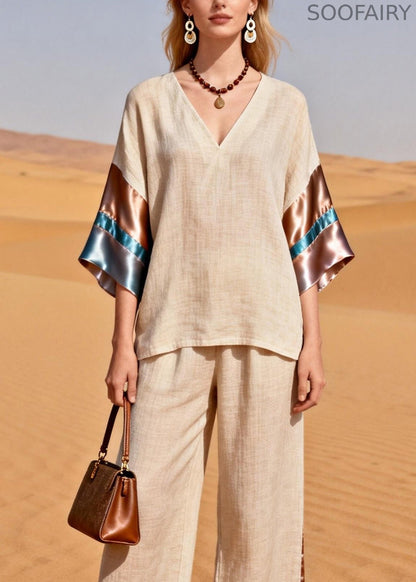 V Neck Silk Patchwork Linen Two Pieces Set Summer