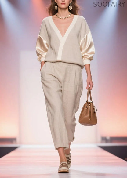 Unique V Neck Top and Pants Patchwork Linen Silk Two Pieces Set Spring