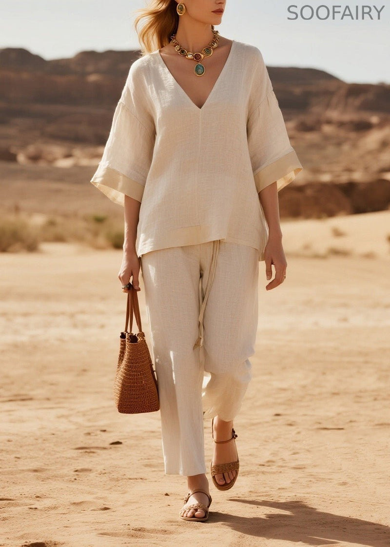 Loose V Neck Patchwork Linen Two Piece Suit Set Summer