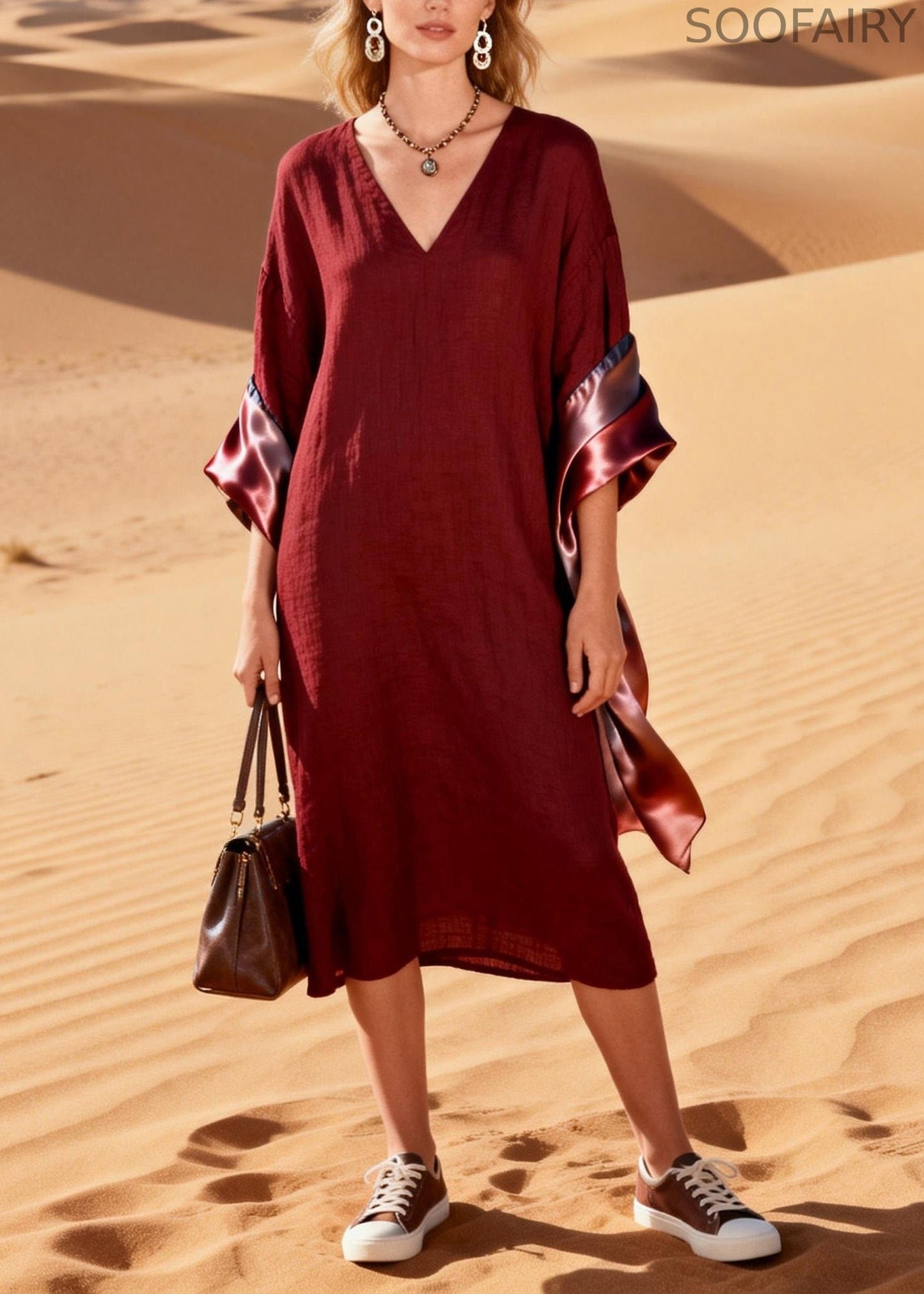 Original Design V Neck Silk Patchwork Linen Dress Summer